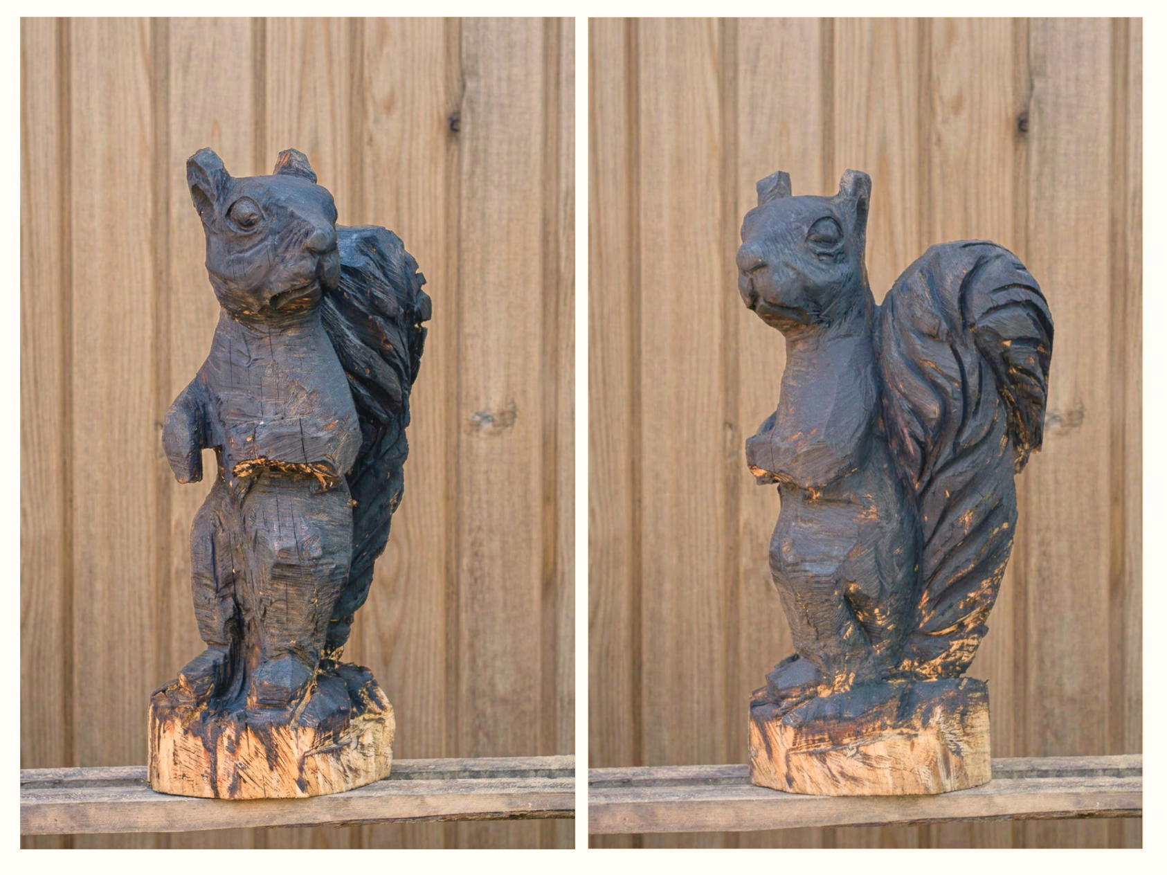 Chainsaw carved pine sculpture of a squirrel